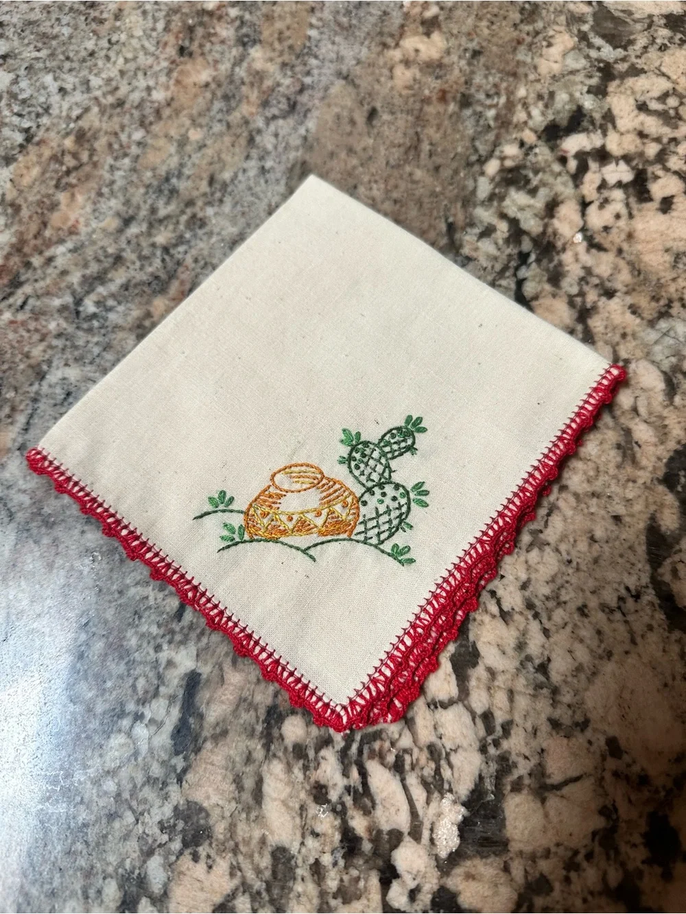 Embroidered Cactus Napkin Set with Red Crochet Edge